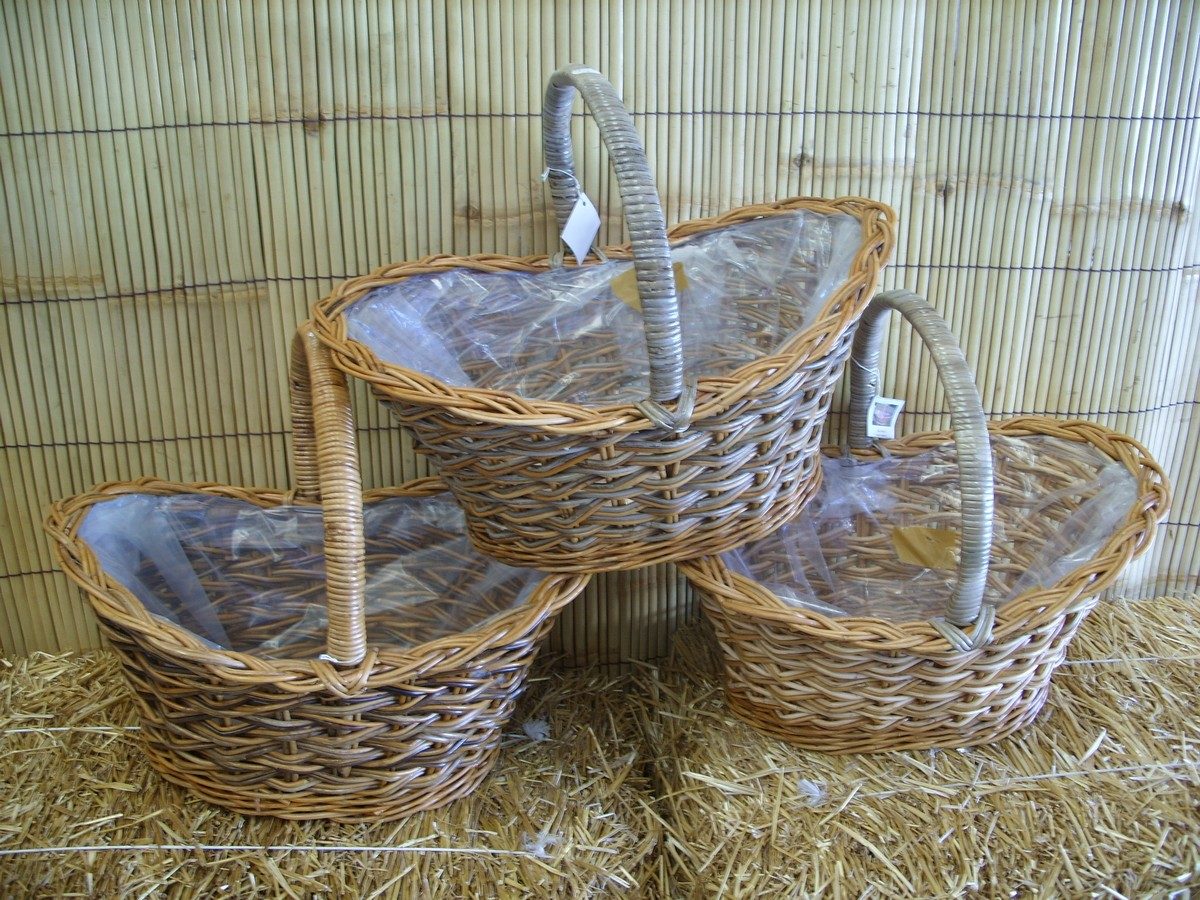 CESTO CESTINO OVALE SVASATO CON MANICO GRANDE ROBUSTO MISURA UNICA 57X40 H21/43 CM IN 3 VARIANTI DI COLORE PER FIORI FIORISTI COMPOSIZIONI FODERATO IN PLASTICA IN VIMINI GIUNCO LEGNO