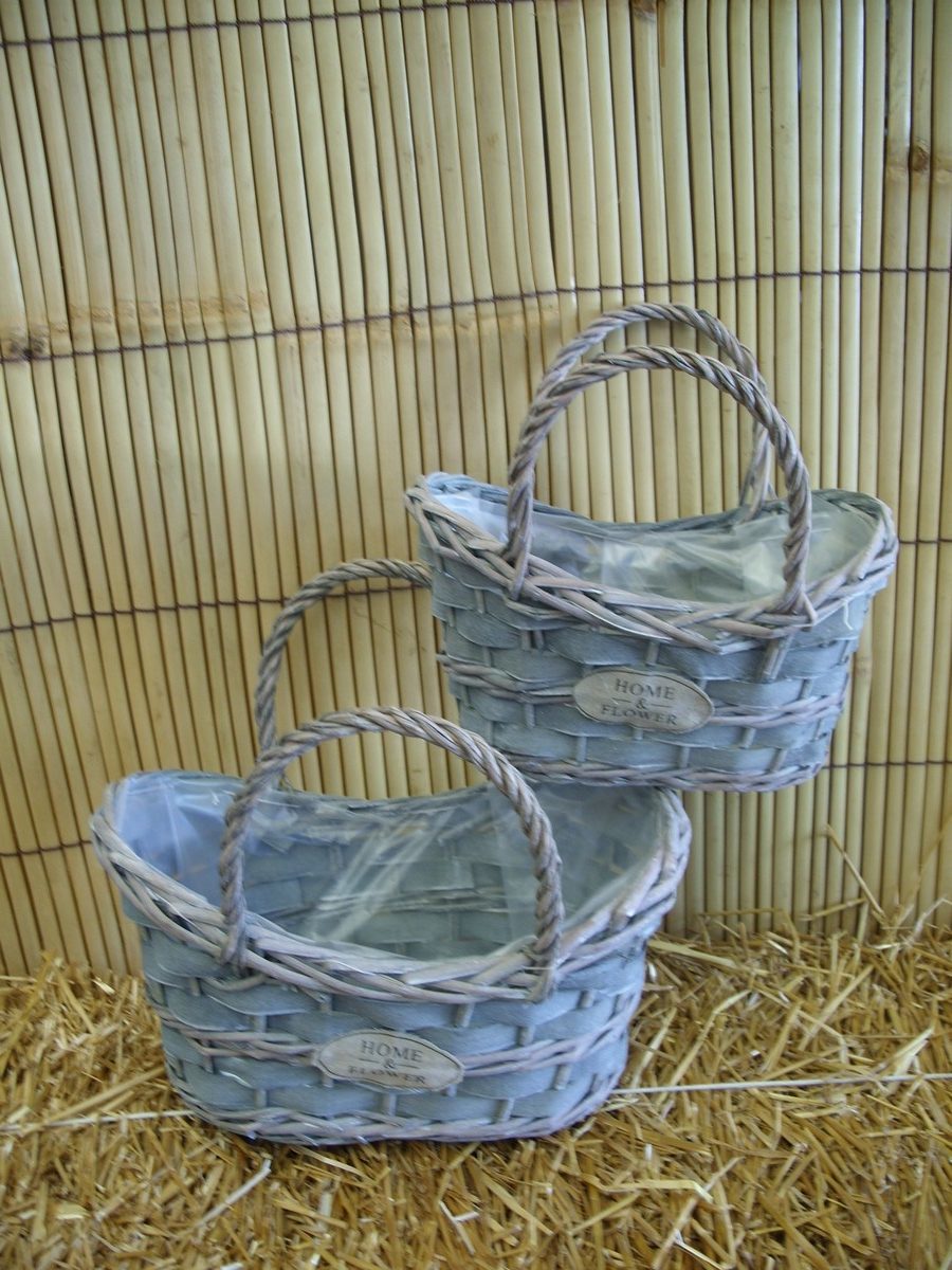 CESTO CESTINO BORSA BORSETTA PORTA VASO VASI SET DI 2 MISURE IN VIMINI LEGNO GIUNCO FODERATO FODERATA CON PLASTICA IMPERMEABILE SHABBY CHIC
