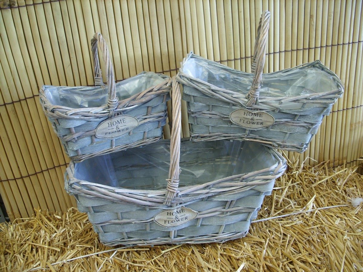 CESTO CESTINO RETTANGOLARE CON 1 MANICO PORTA VASO VASI SET DI 3 MISURE  IN VIMINI LEGNO GIUNCO  FODERATO FODERATA  CON PLASTICA IMPERMEABILE  SHABBY CHIC
