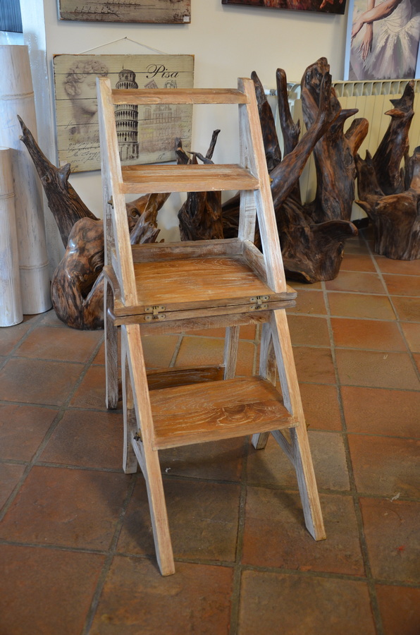 SEDIA SCALA IN TEAK DI RECUPERO SHABBY 3 GRADINI PIEGHEVOLE TRASFORMABILE