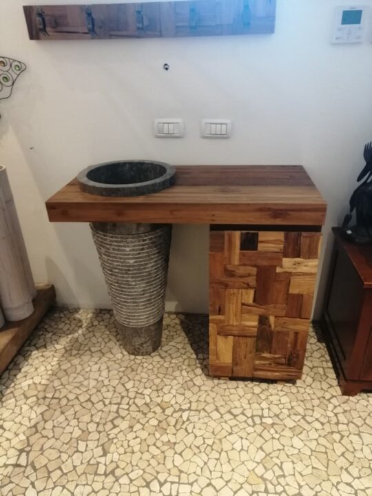 MOBILE BAGNO IN LEGNO DI TEAK CON LAVANDINO  TONDO IN MARMO BIANCO  NERO A COLONNA 100X50H85