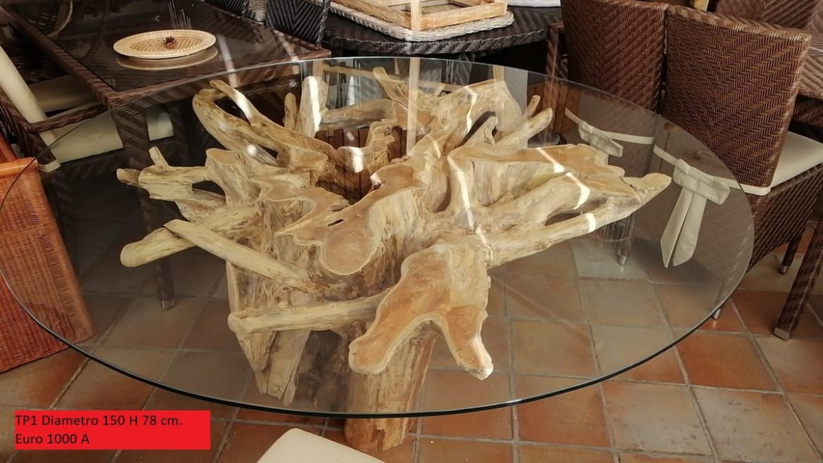 TAVOLO DA PRANZO CON BASE IN RADICE DI ALBERO DI TEAK CON VETRO ALTEZZA DIAMETRO 130 H 78 cm PER SOGGIORNO SALONE SALA PRANZO ETNICO A PREZZI MOLTO COMPETITIVI