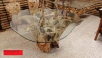 TAVOLO DA PRANZO CON BASE IN RADICE DI ALBERO DI TEAK CON VETRO 160 x 180 ALTEZZA  78. PER SOGGIORNO SALONE SALA PRANZO ETNICO A PREZZI MOLTO COMPETITIVI