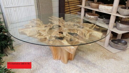 TAVOLO DA PRANZO CON BASE IN RADICE DI ALBERO CON VETRO DIAMETRO 180 ALTEZZA 78 cm PER SOGGIORNO SALONE SALA PRANZO ETNICO A PREZZI MOLTO COMPETITIVI