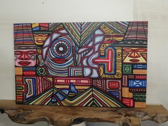 QUADRO ASTRATTO ETNICO  NATURA  ORIENTALE INDONESIANO  BATIK TELA QUADRO COLORATO ARTE MODERNA ETNICO DIPINTO A MANO 85X135 CM