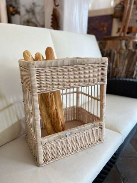 CESTO CESTA CONTENITORE RETTANGOLARE APERTO CENTRALMENTE PORTA BAGUETTES ESPOSITORE DA APPENDERE CON GANCI PER NEGOZI IN VIMINI MIDOLLINO DI QUALITA' UNICA MISURA: 39 CM X 29 CM X 47 CM