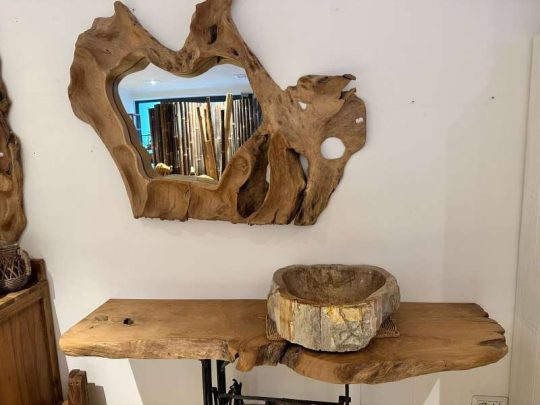 PIANO IN RADICE IN LEGNO DI TEAK PORTA LAVANDINO ETNICO PEZZO UNICO CON FORME VARIE