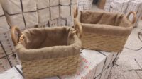 CESTA CONTENITORE PORTA LEGNA PELLET CON FODERA  PER CAMINO STUFA IN VIMINI NATURALE RETTANGOLARE  ROBUSTA IN VIMINI LEGNO GIUNCO SET 2 MISURE IN CASTAGNO - immagine 3